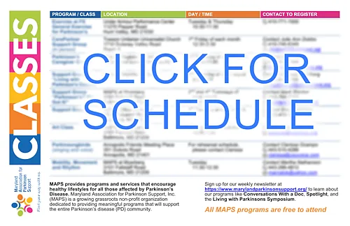 Download the latest schedule for Maryland Parkinson Support classes